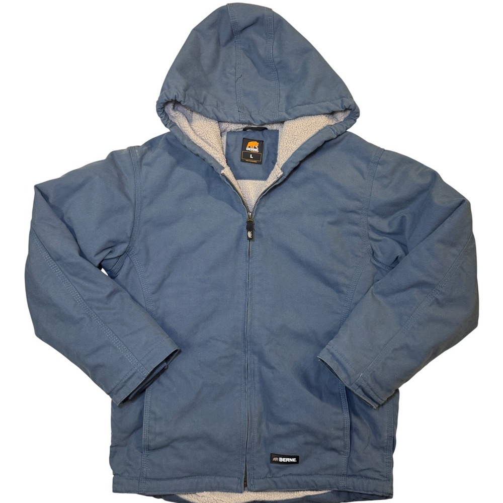 Berne Youth L 14-16 Blue Sherpa Lined Hooded Canvas Work Jacket BHJ41SLB